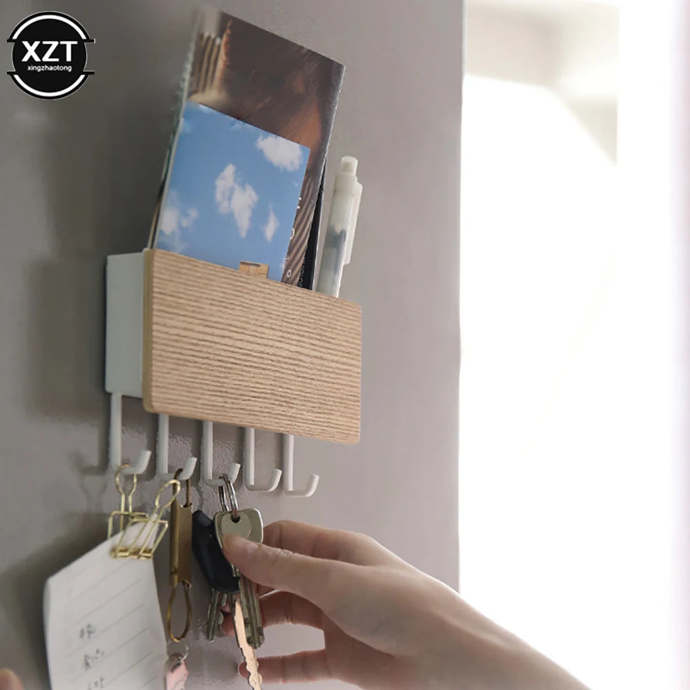 Bamboo Wall Hanging Key Rack — Space-Saving Organizer with 5 Hooks