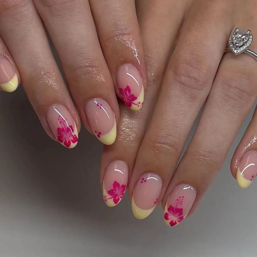 Pink Floral Press-On Nails — Short Almond French Tip Fake Nail Set