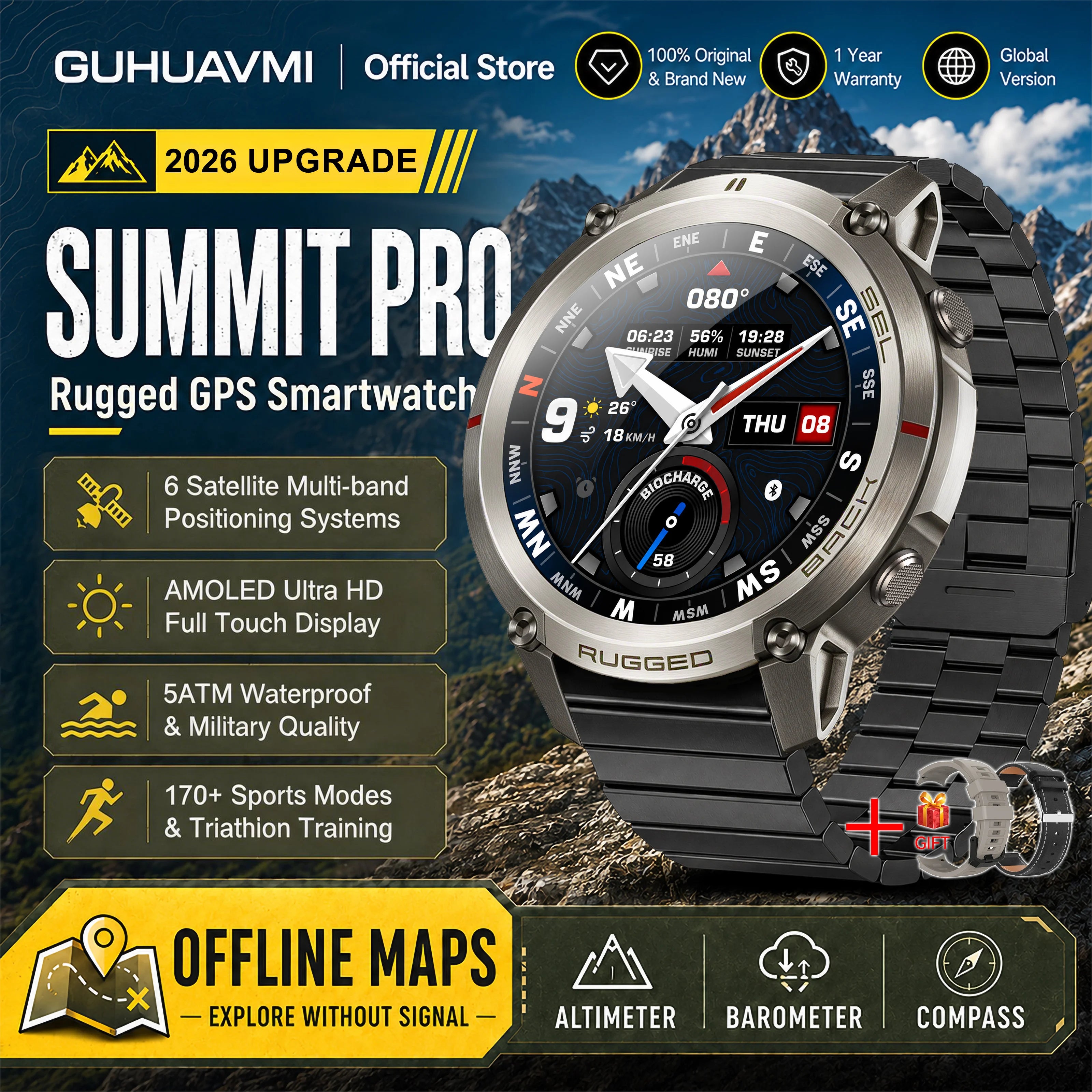 GUHUAVMI Military GPS Smartwatch — Offline Map & 5ATM Waterproof Sports Watch