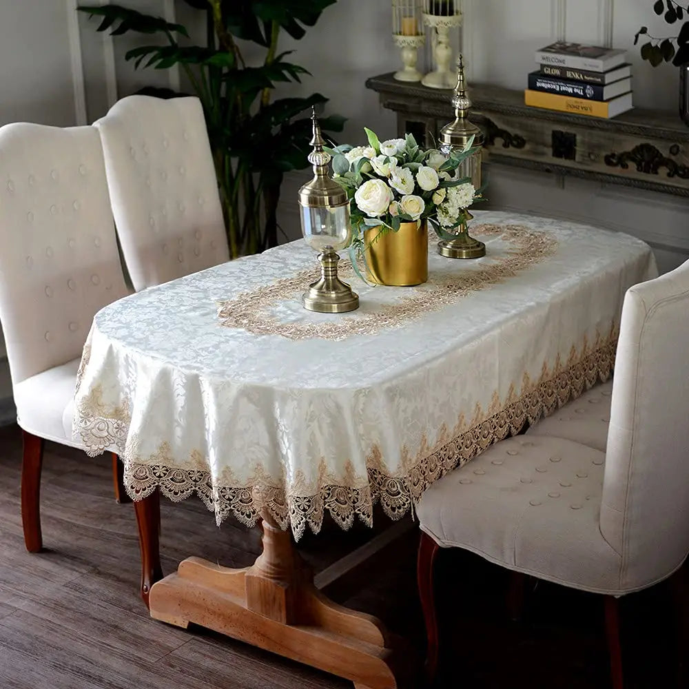 BATTILO Oval Macrame Lace Tablecloth — Embroidered Floral Dining Decor