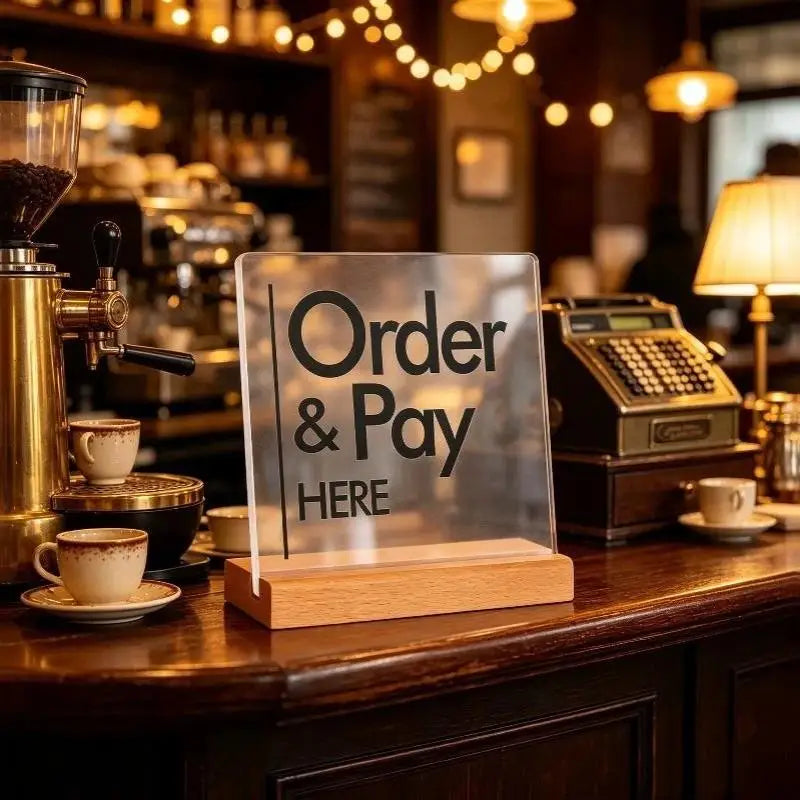 HUXUAN Acrylic Order Here Sign — Durable Countertop Display for Cafes