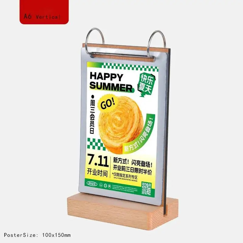 Loripos A6 Acrylic Sign Holder — Clear Tabletop Display with Wooden Base