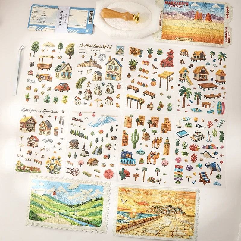 Cartoon Travel Scene Stickers — Reusable PET Decals for DIY Crafts