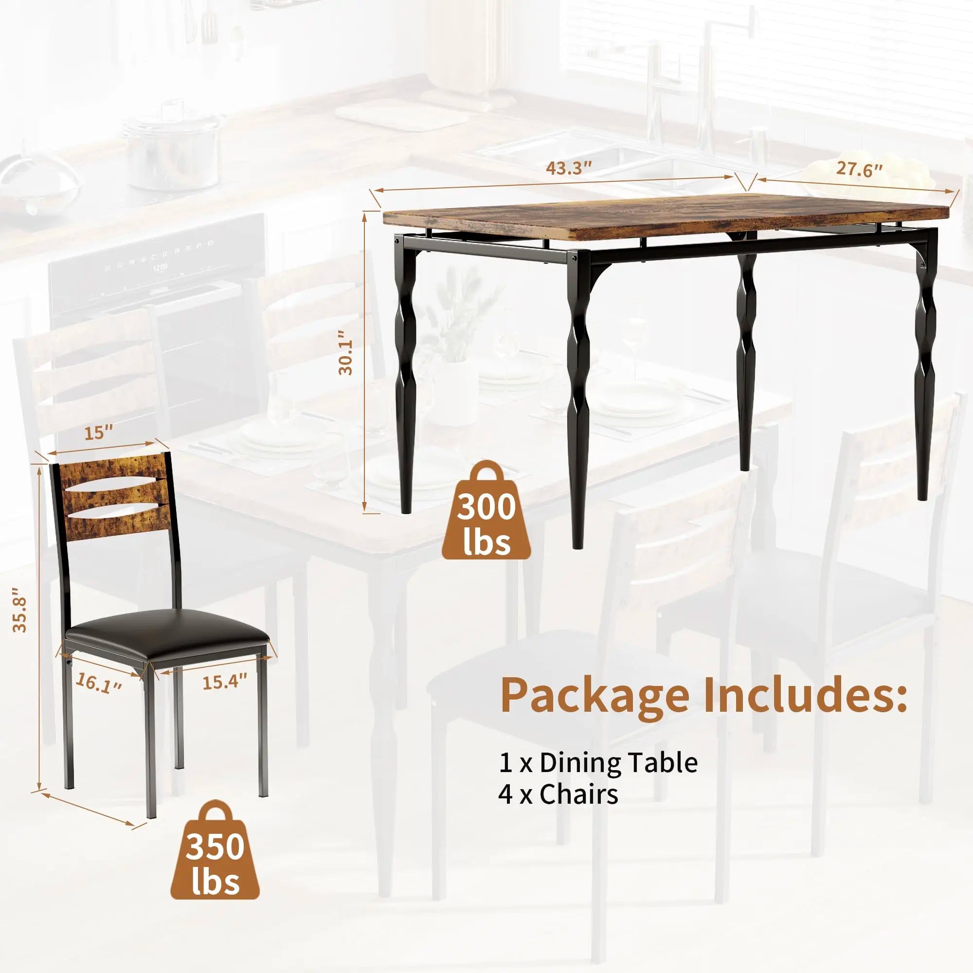 5 Piece Industrial Dining Table Set — Compact Kitchen Table & 4 Chairs