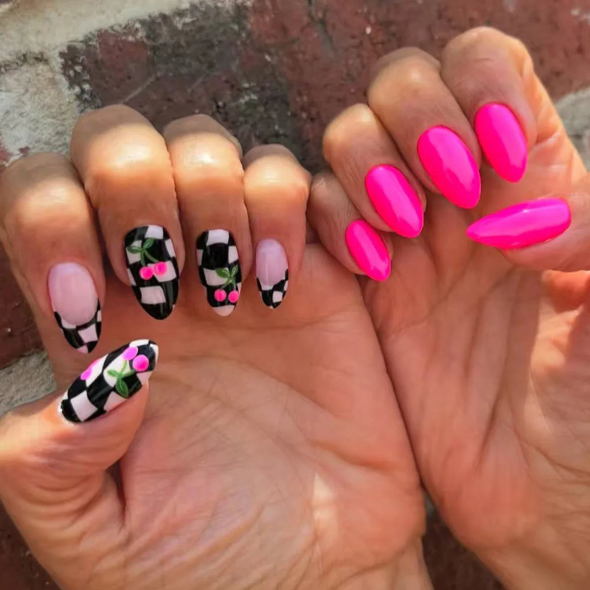 Stylebon Press-On Nails — Short Almond Checkerboard & Neon Design