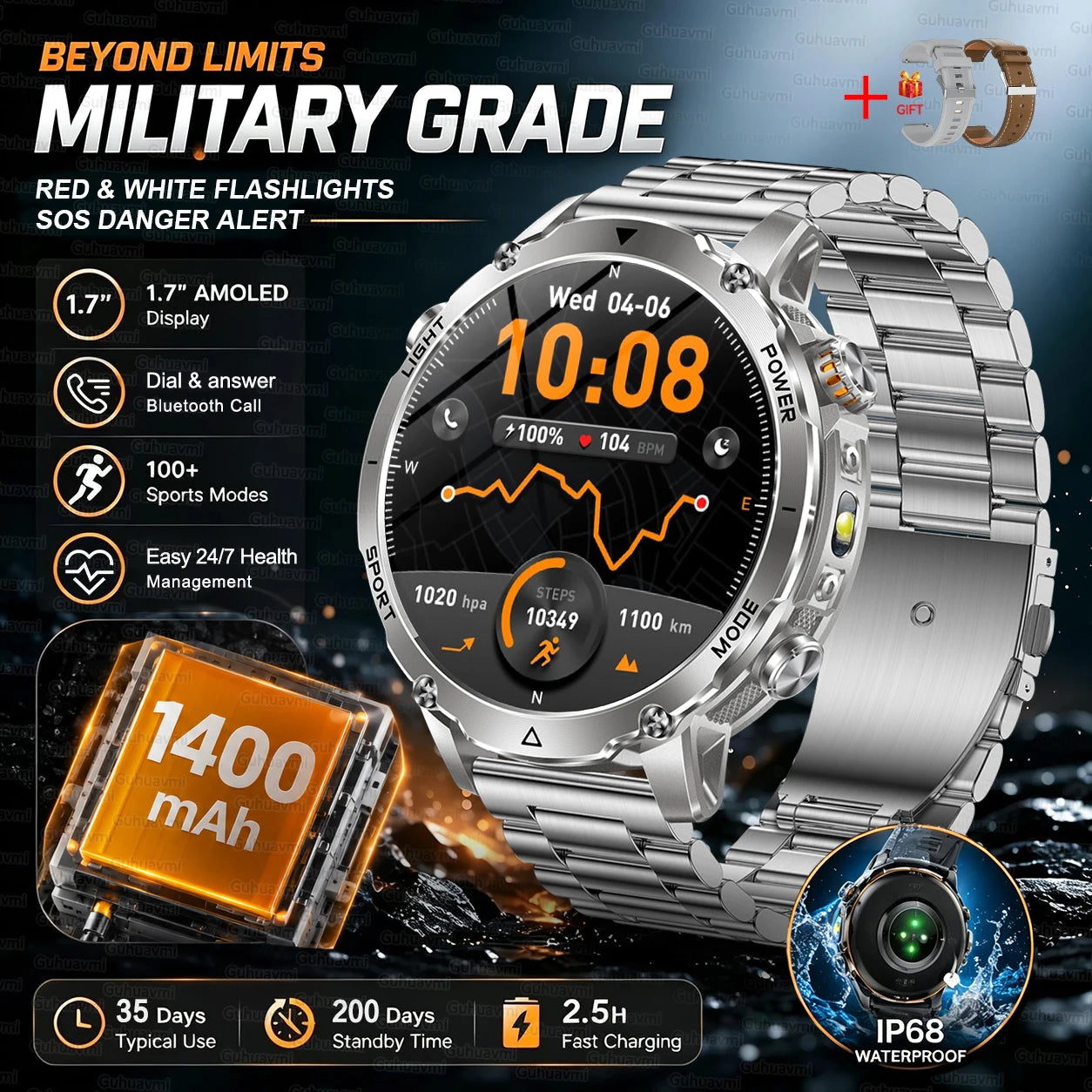 GUHUAVMI Military Smartwatch — 1400mAh Battery with GPS & Flashlight