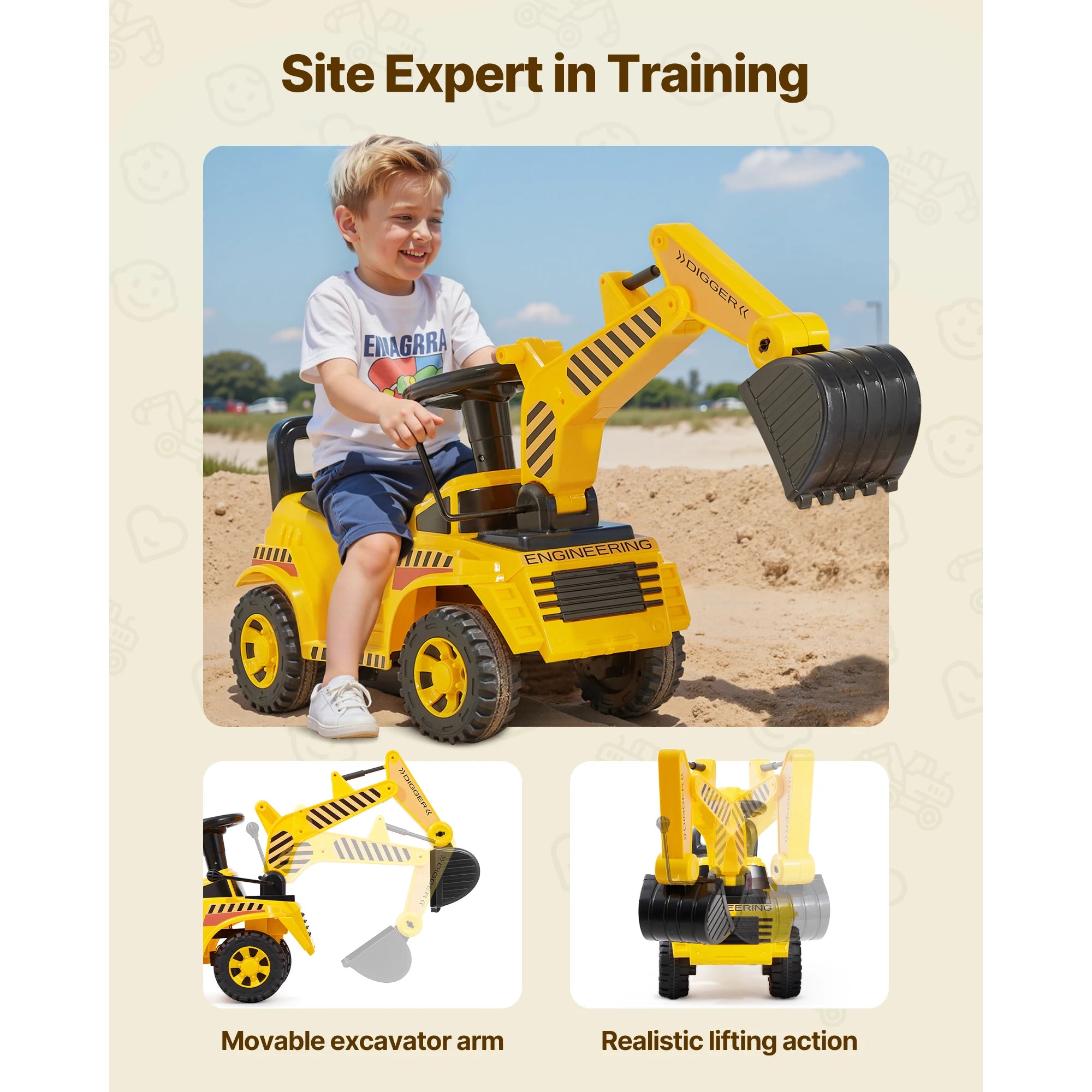 SucceBuy Excavator Ride On Toy — Toddler Digger Car with Music & Helmet