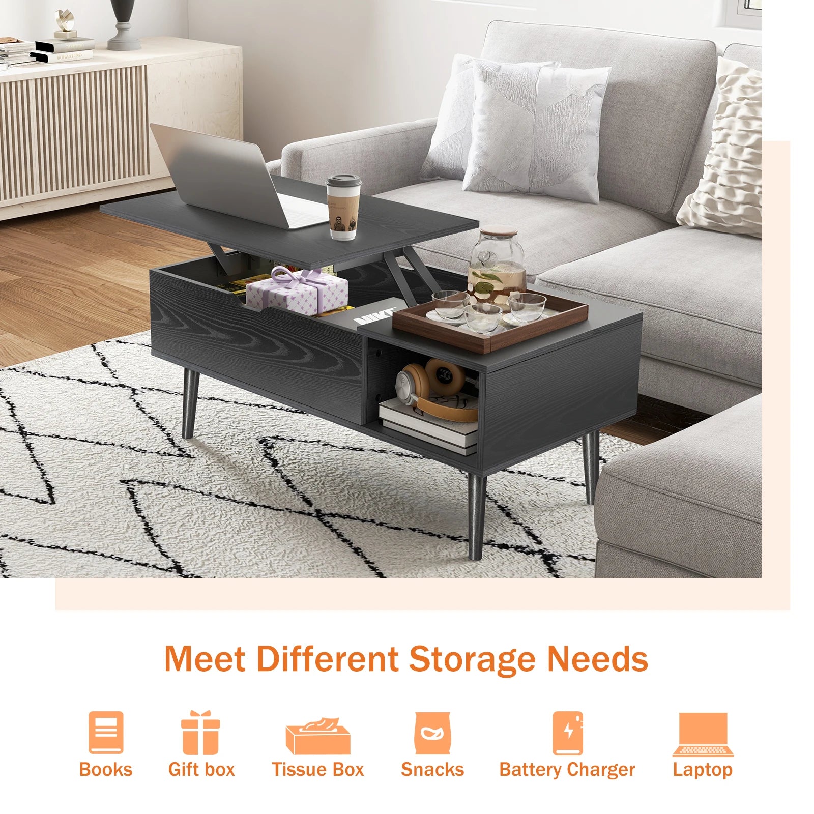 JHK Lift Top Coffee Table — Adjustable Height Desk & Storage Unit