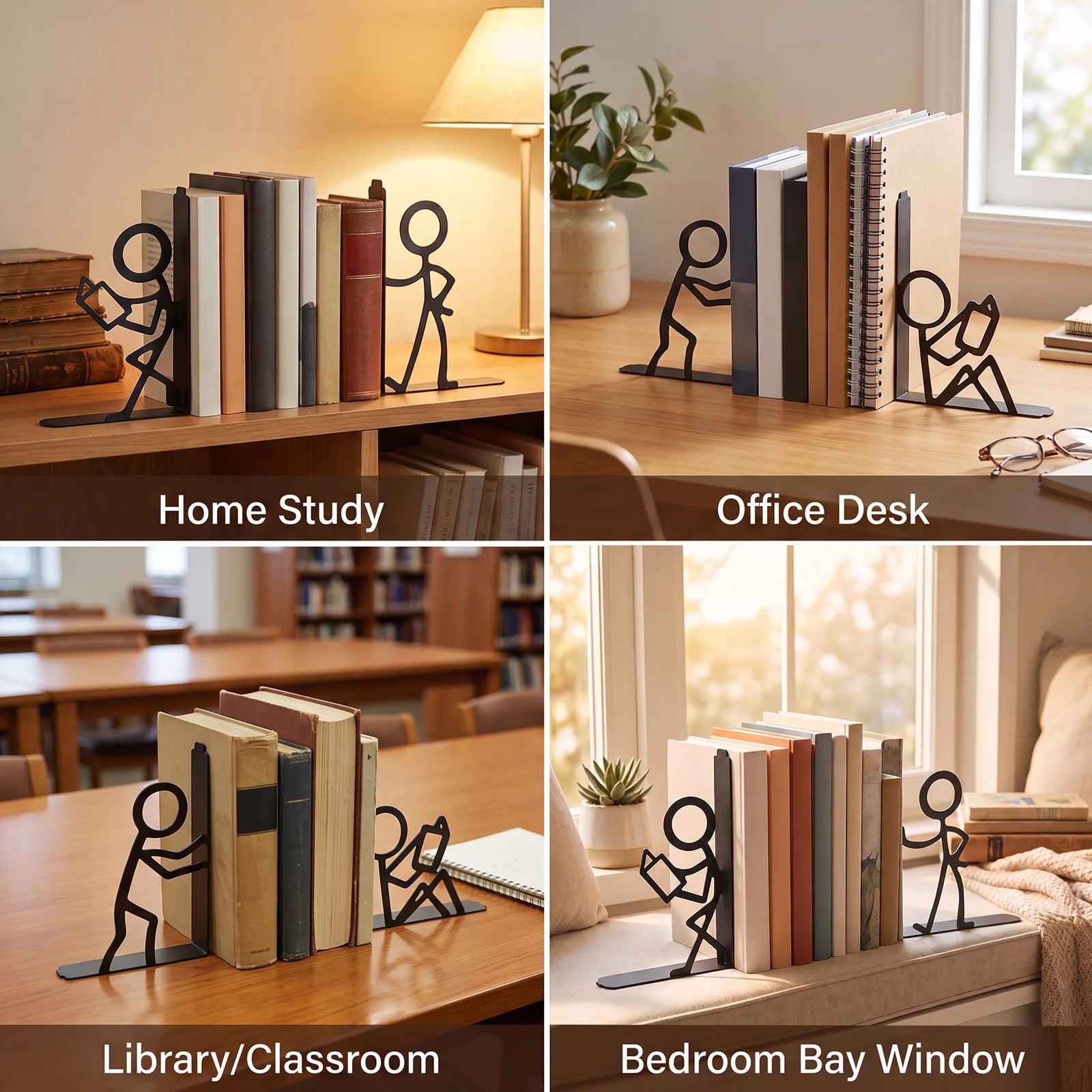 Metal Stick Figure Bookends — Decorative Heavy Duty Desktop Supports