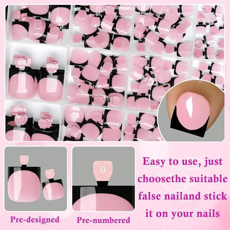 AACAR Pink French Press On Toenails — 150Pcs DIY Manicure Set, Short Square Style