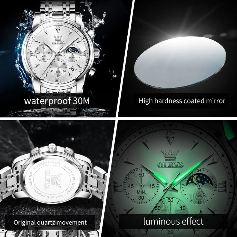 OLEVS 3639 Luxury Quartz Watch — Stainless Steel Moon Phase Men's Timepiece