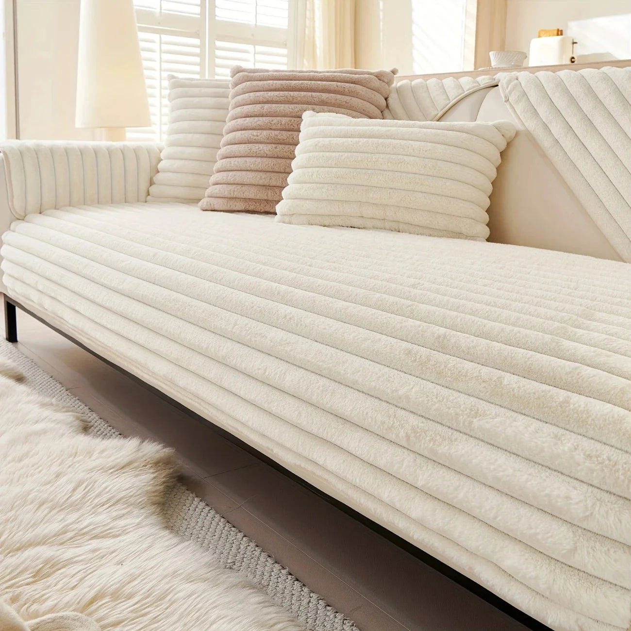 Plush Striped Sofa Cover — Soft Imitation Rabbit Fur Slipcover