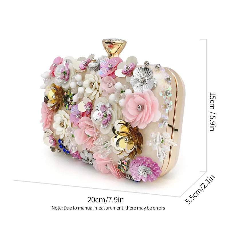 Elegant Floral Evening Clutch — Silk Handbag with Chain Strap