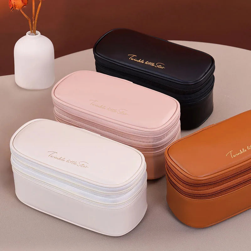 Double Layer Cosmetic Bag — Large Capacity PU Leather Makeup Organizer