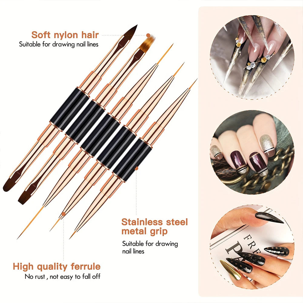 Professional 5-Piece Nail Art Brush Set — Dual-Ended Tools for Gel & 3D Designs