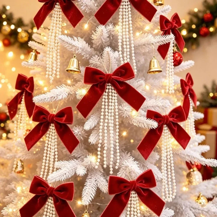 Pearl Flocking Bow Ornament — Festive Holiday Tree Hanging Pendant