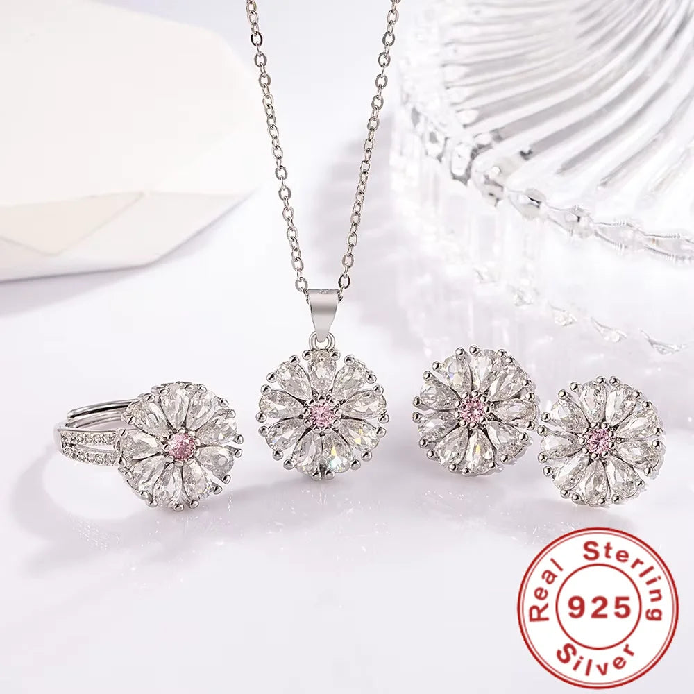 925 Sterling Silver Sunflower Zircon Jewelry Set — Elegant Wedding Gift