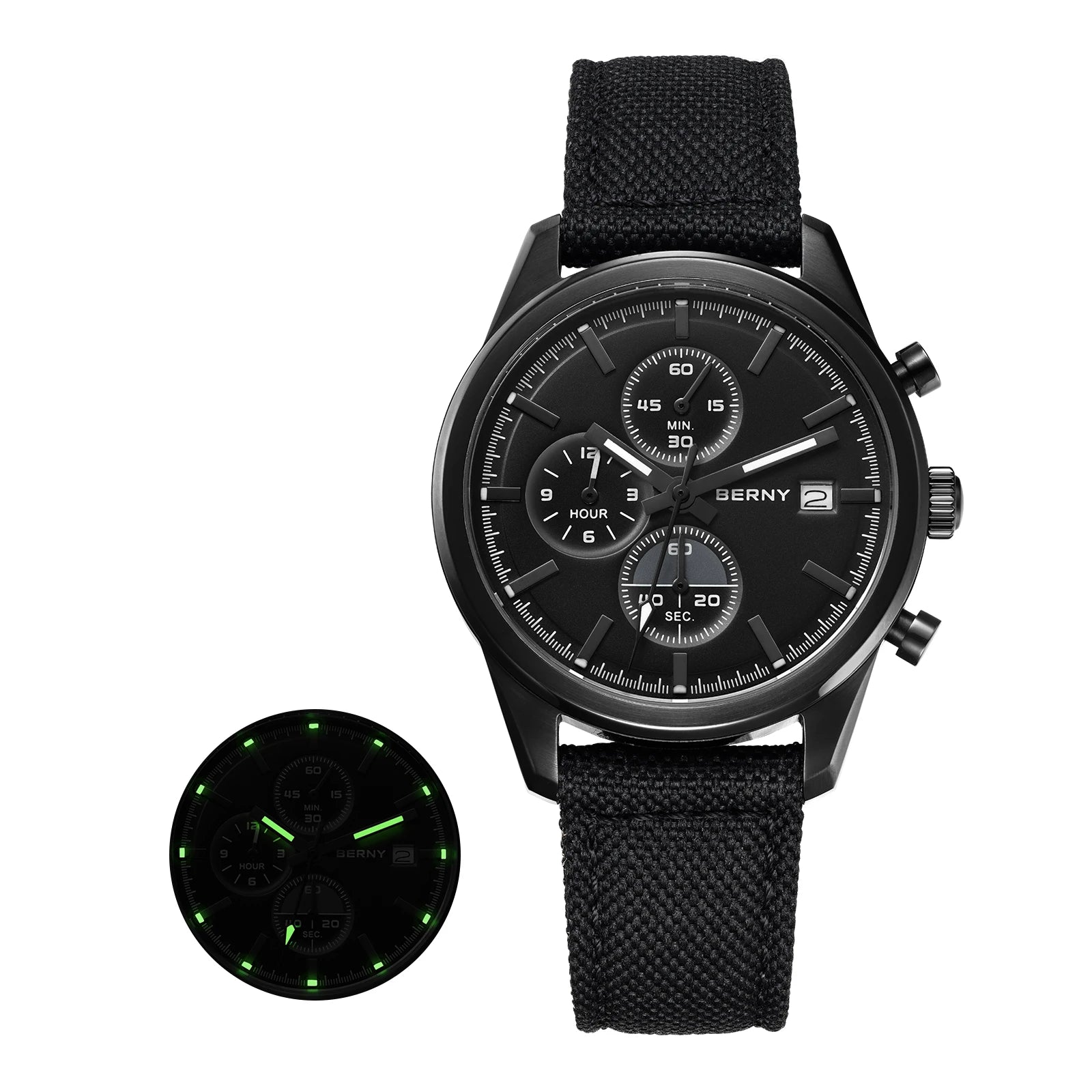 BERNY Chronograph Quartz Men's Watch — Luminous Sport Design with Sapphire Crystal