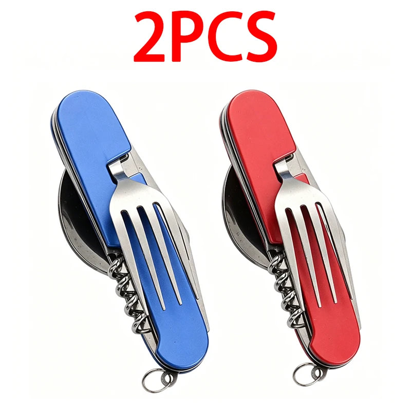 6-in-1 Stainless Steel Camping Cutlery Set — Portable Folding Outdoor Kit