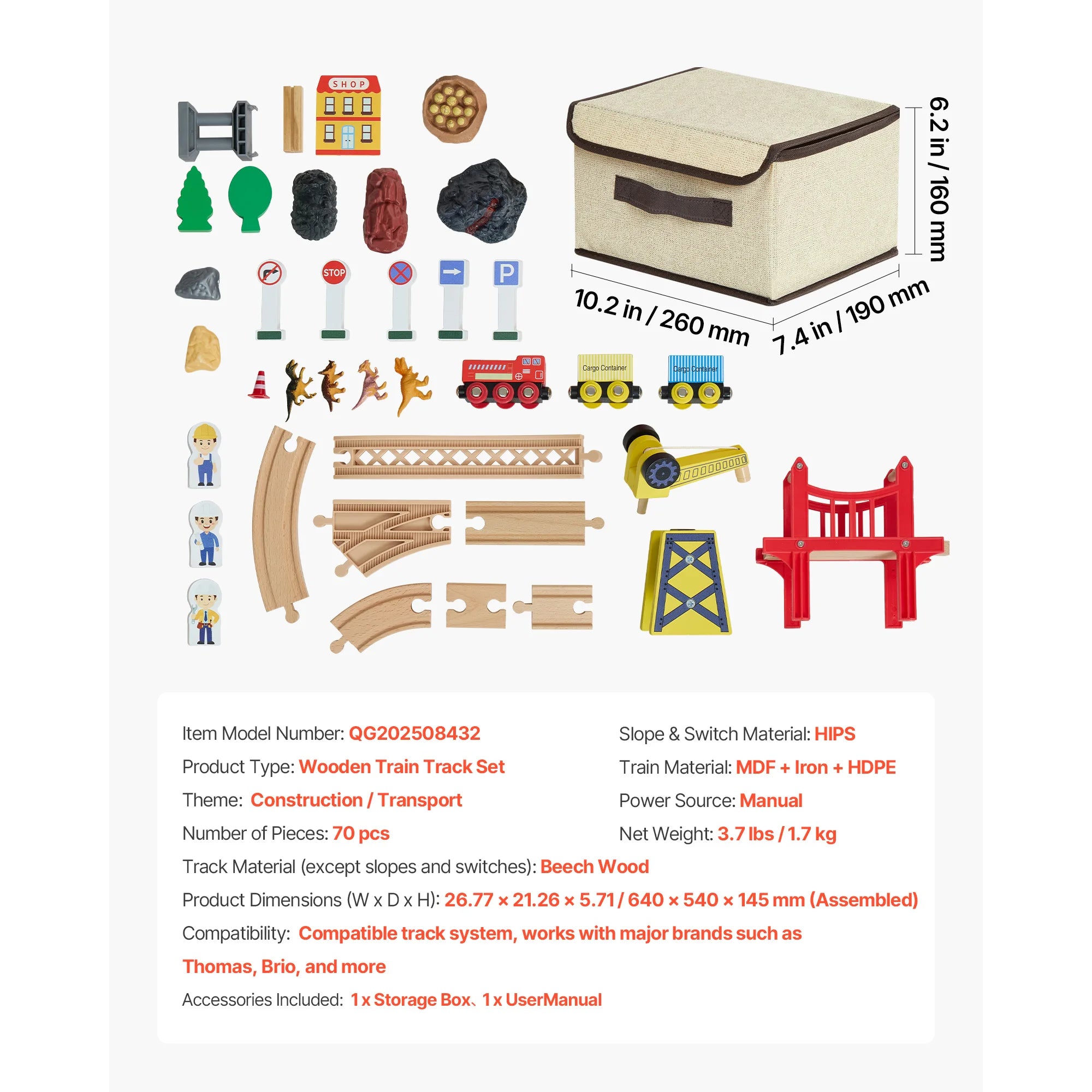 SucceBuy 70PCS Wooden Train Set — Magnetic Crane & Construction Railway Kit