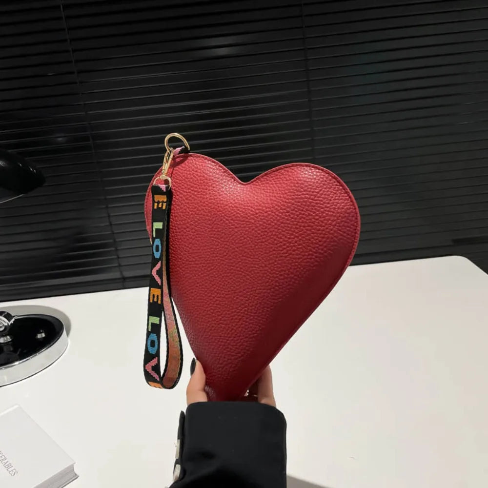 Heart-Shaped PU Leather Coin Purse — Trendy Zippered Wrist Clutch Wallet