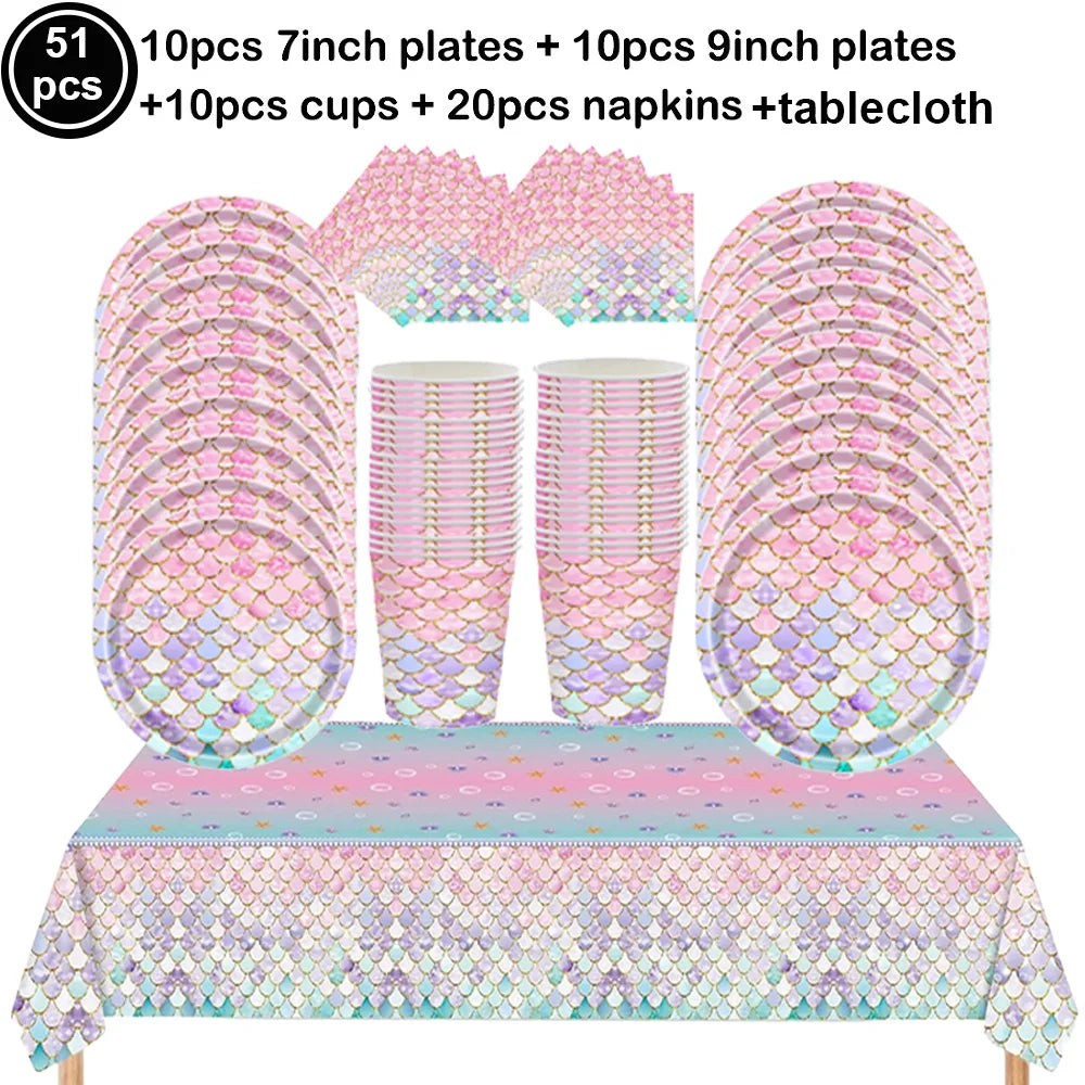 Mermaid Scales Pattern Party Supplies — Disposable Tableware Decor Set