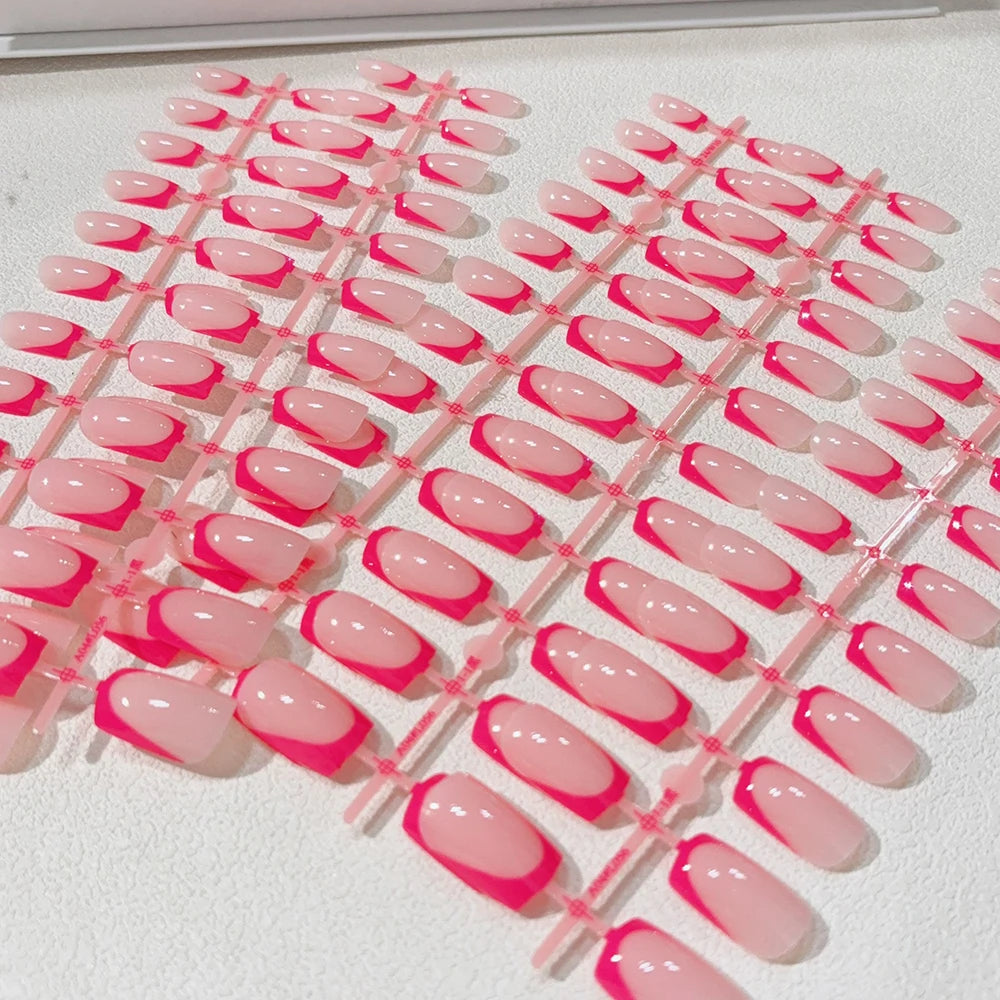 MingLee Glossy French Tip Press On Nails — Medium Square Acrylic False Nails