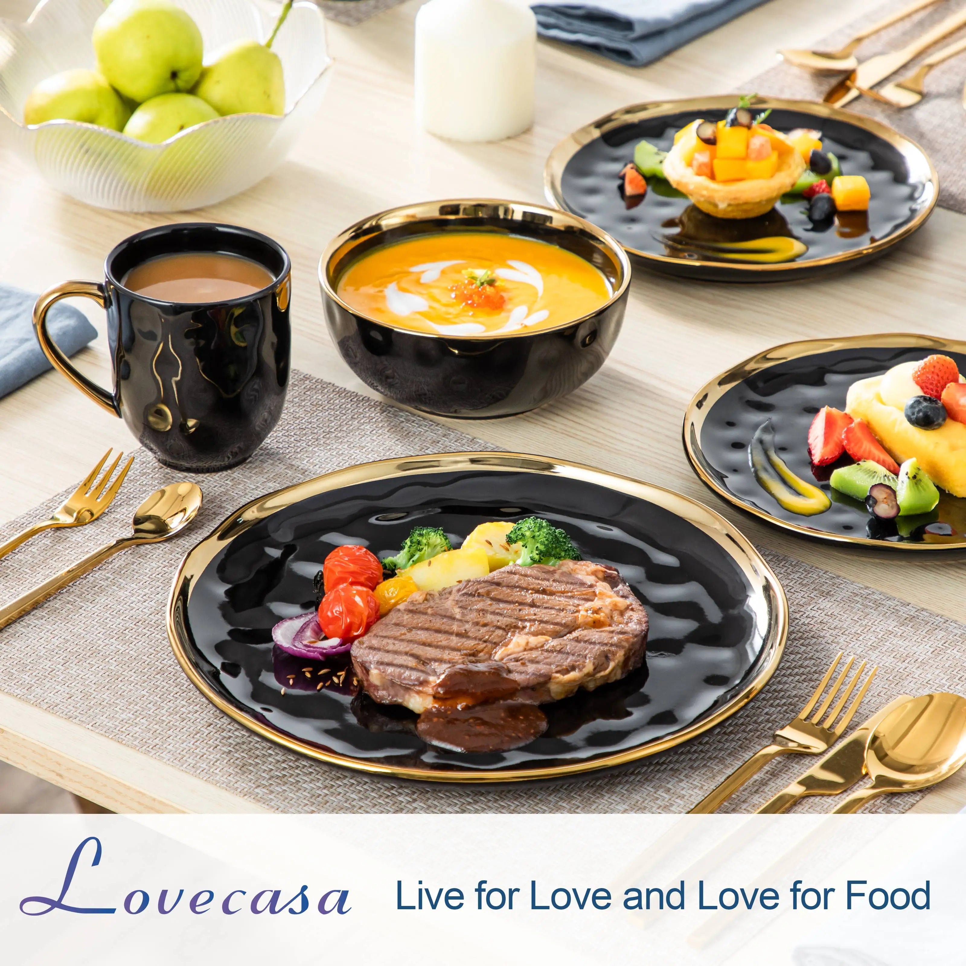MALACASA Black Porcelain Dinnerware Set — Elegant Gold Trim Tableware