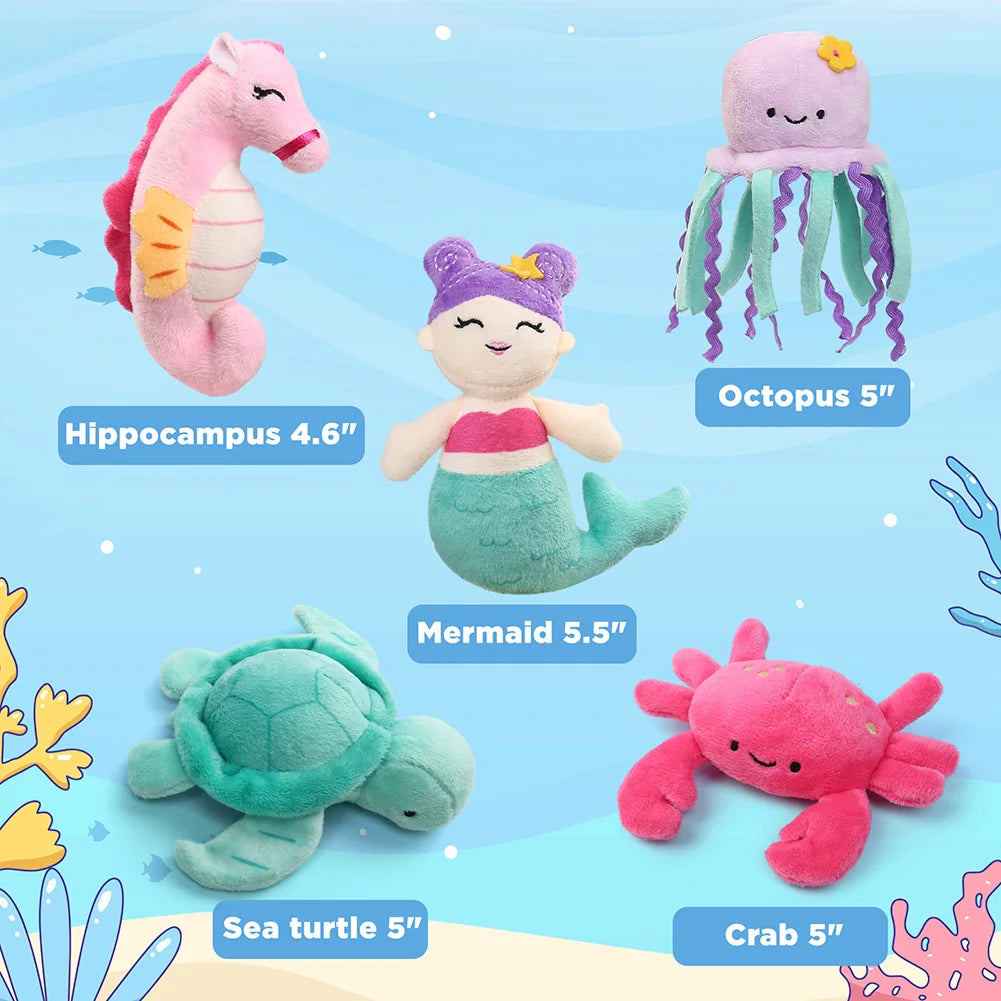 Ocean Sea Creature Plush Set — 5 Piece Stuffed Animal Collection with Shell Bag