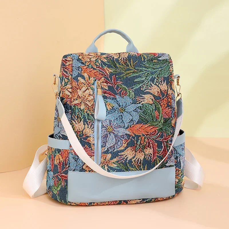 Floral Embroidered Nylon Backpack — Large Capacity Travel Rucksack