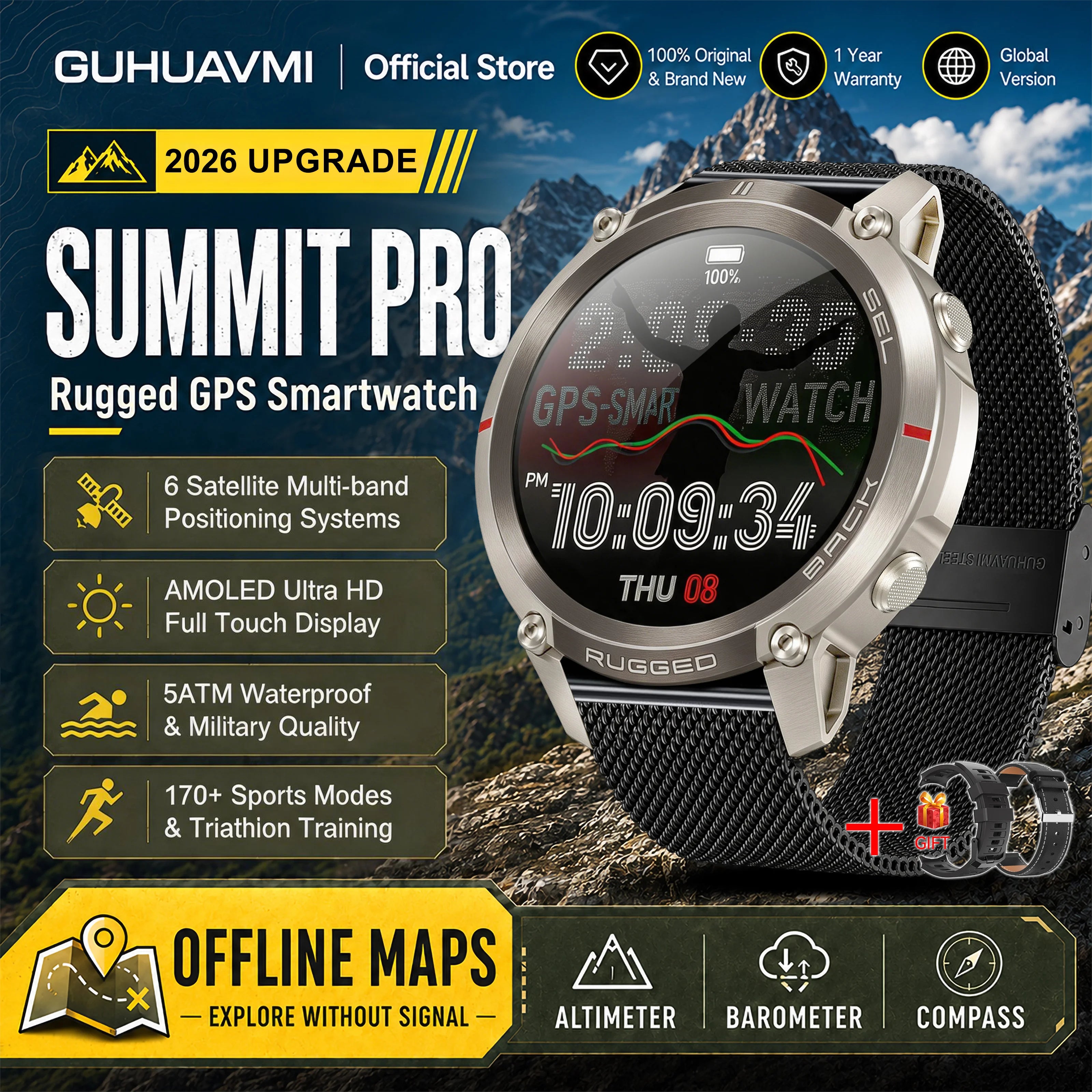 GUHUAVMI Military GPS Smartwatch — Offline Map & 5ATM Waterproof Sports Watch