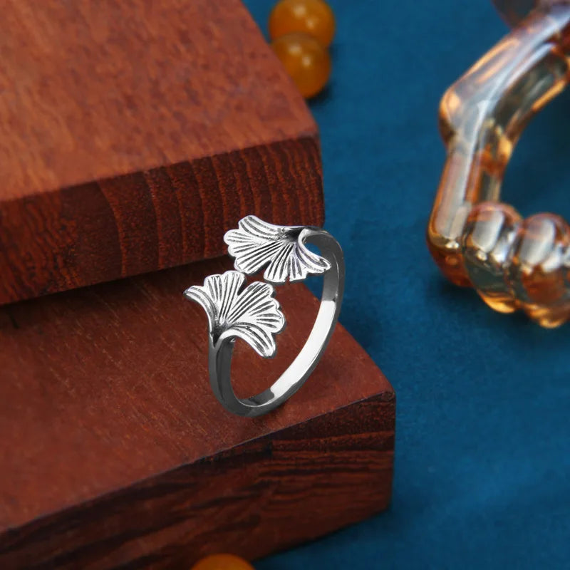 Sterling Silver Ginkgo Biloba Leaf Rings — Stackable Aesthetic Jewelry for Women