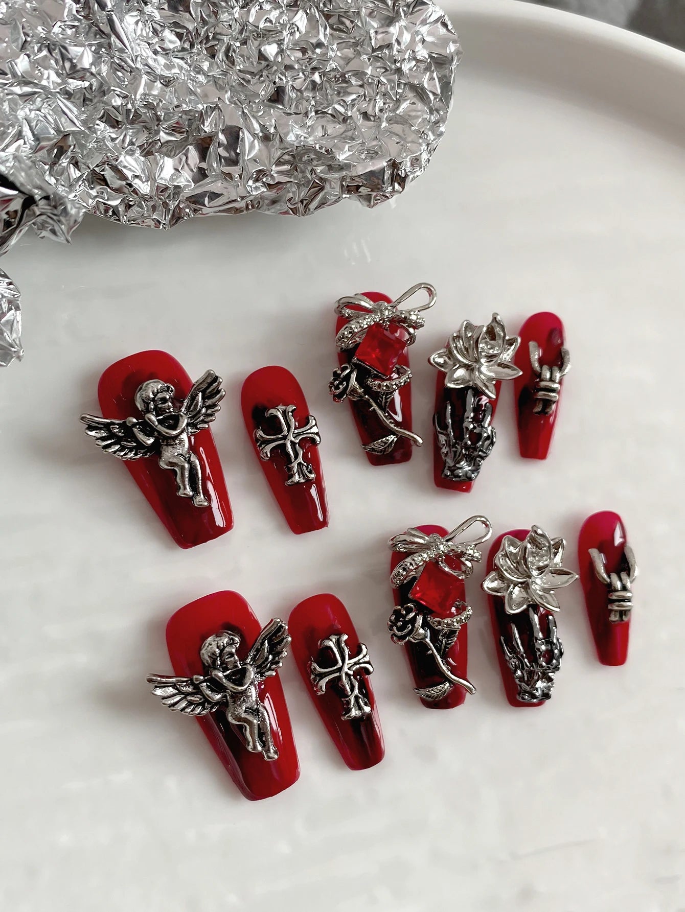 Long Coffin Press-On Nails — Gothic Red Style with 3D Metal Accents