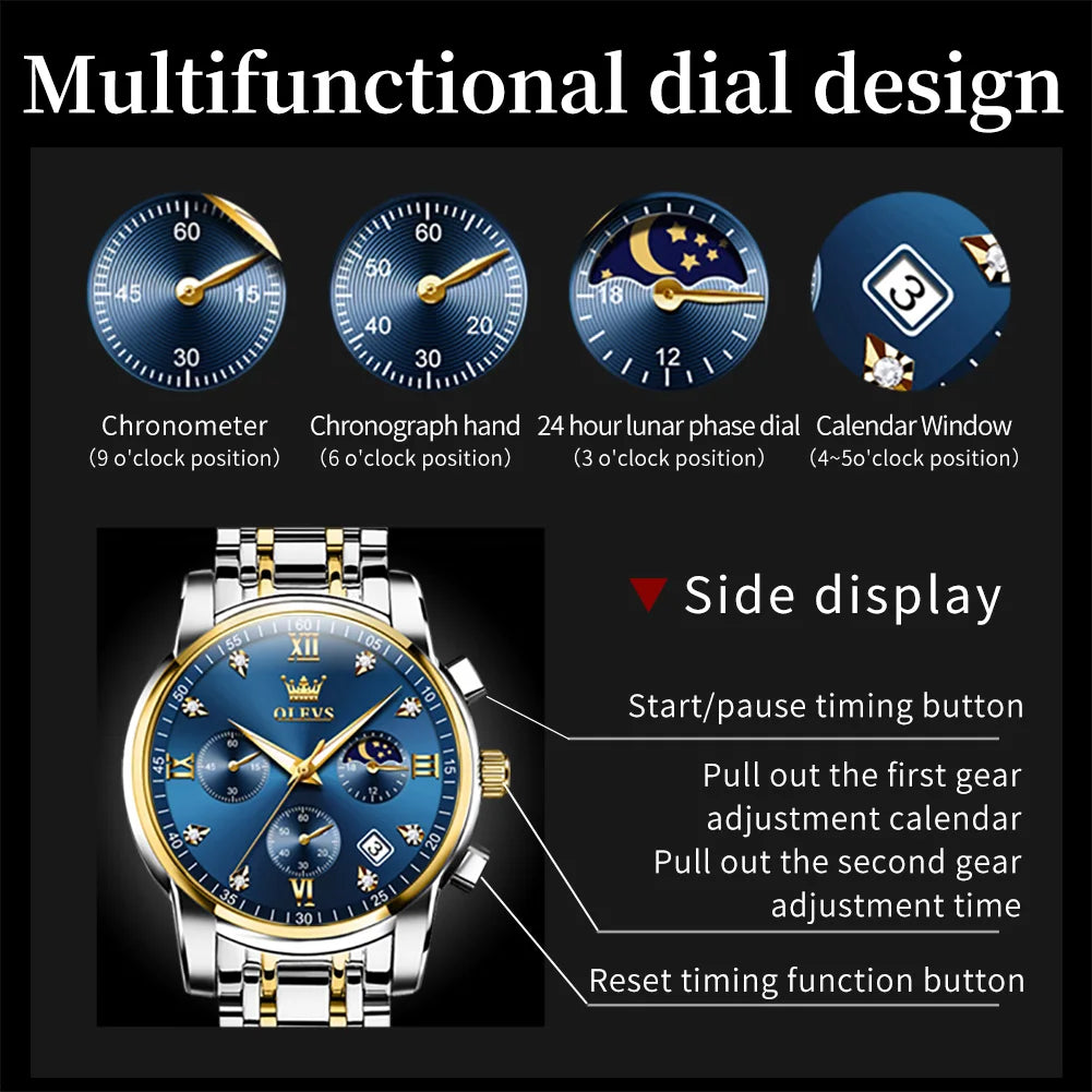 OLEVS 2858 Men's Luxury Watch — Stainless Steel Moon Phase Chronograph