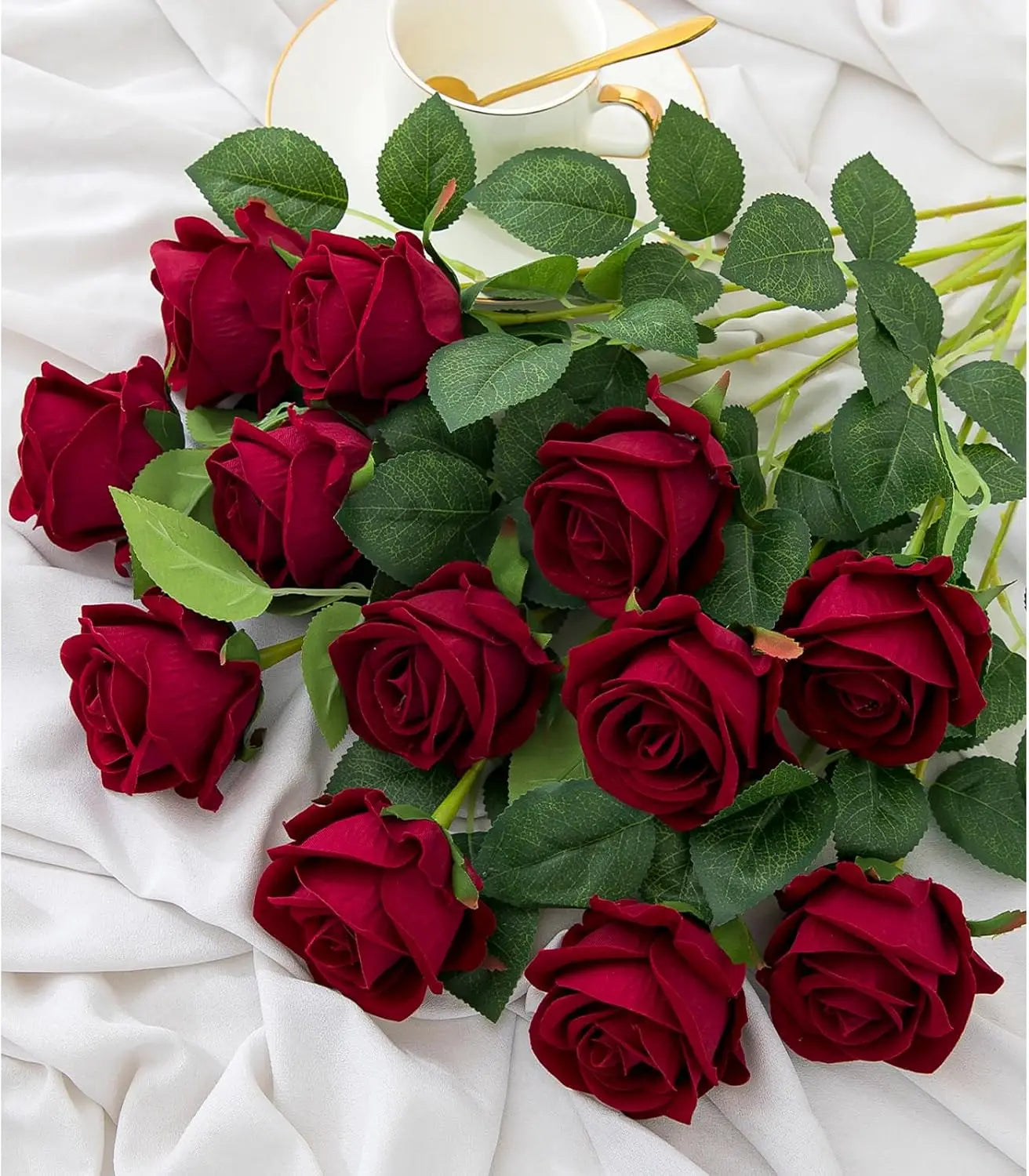 Velvet Artificial Rose Bouquet — 12 Piece Long Stem Faux Flowers for Decor