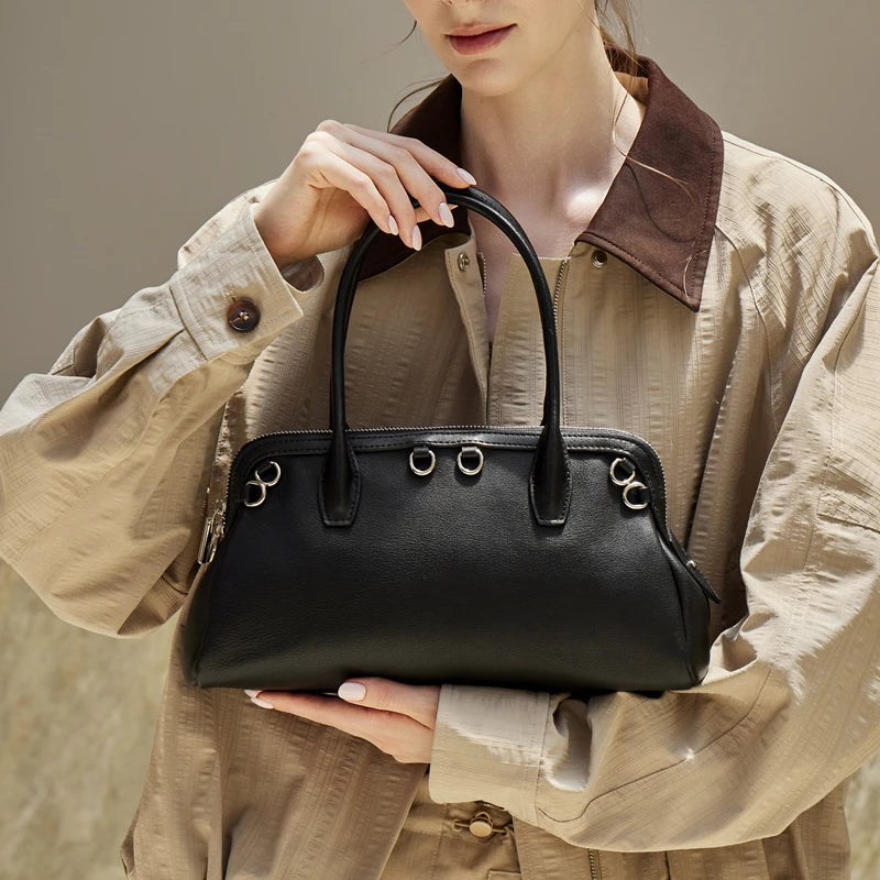 Burminsa Vintage Leather Boston Bag — Soft Cowhide Shoulder Purse