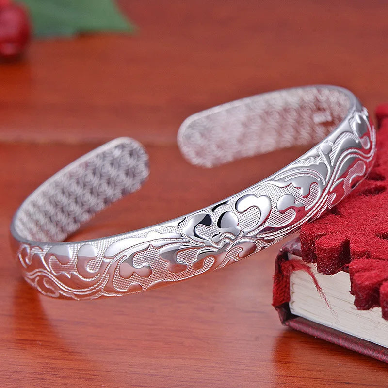 Sterling Silver Decorative Pattern Cuff — Elegant Animal Design Bangle