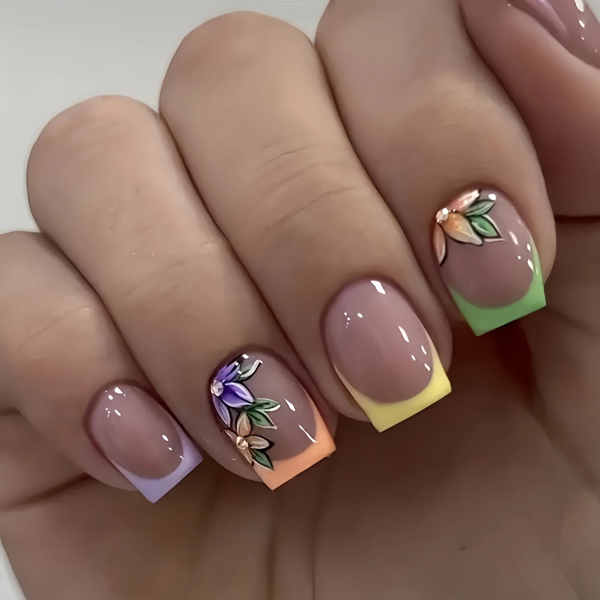 Pink Floral Press-On Nails — Short Almond French Tip Fake Nail Set