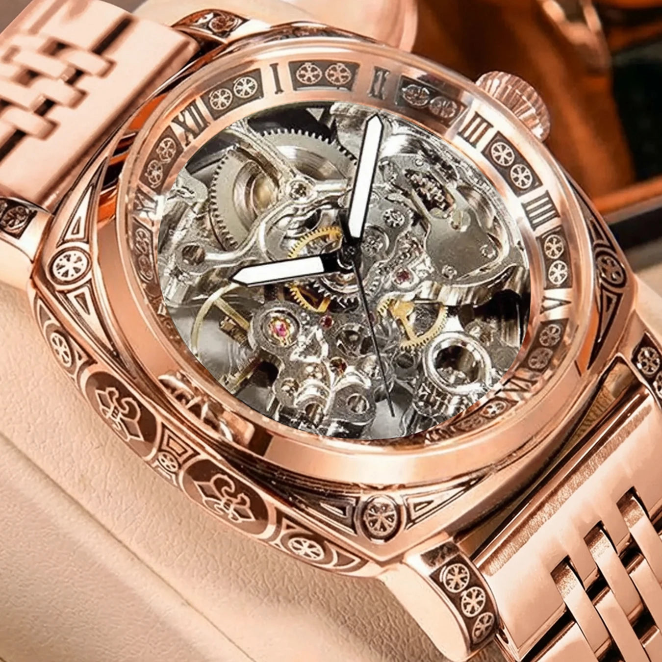 MEIRUIQI Men's Automatic Tourbillon Watch — Luminous Carved Mechanical Timepiece