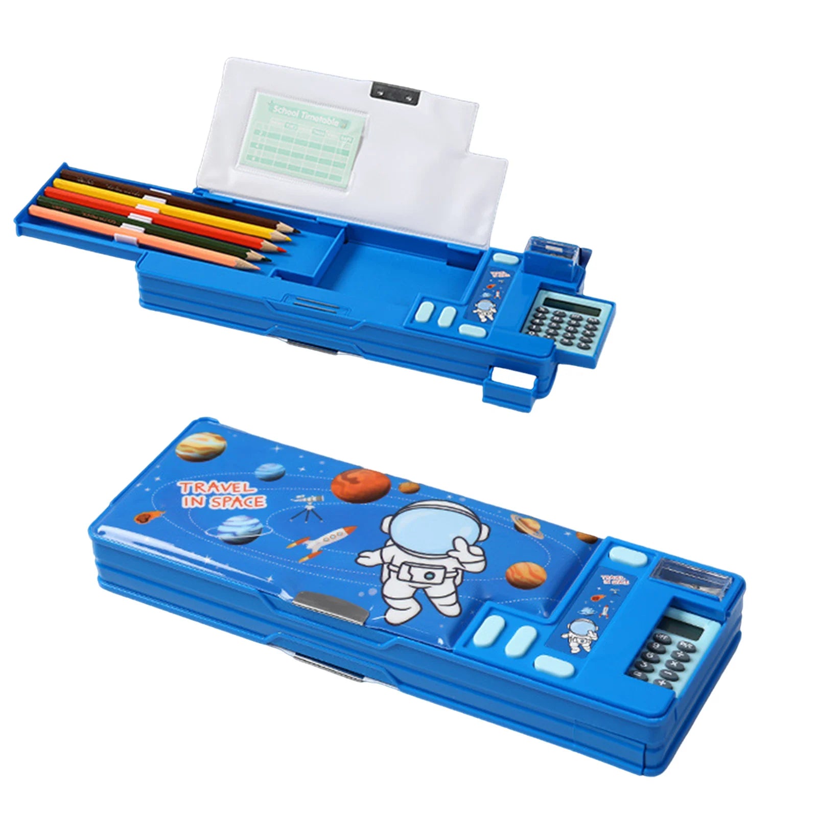 Multifunctional Cartoon Pencil Case — Built-in Calculator & Sharpener