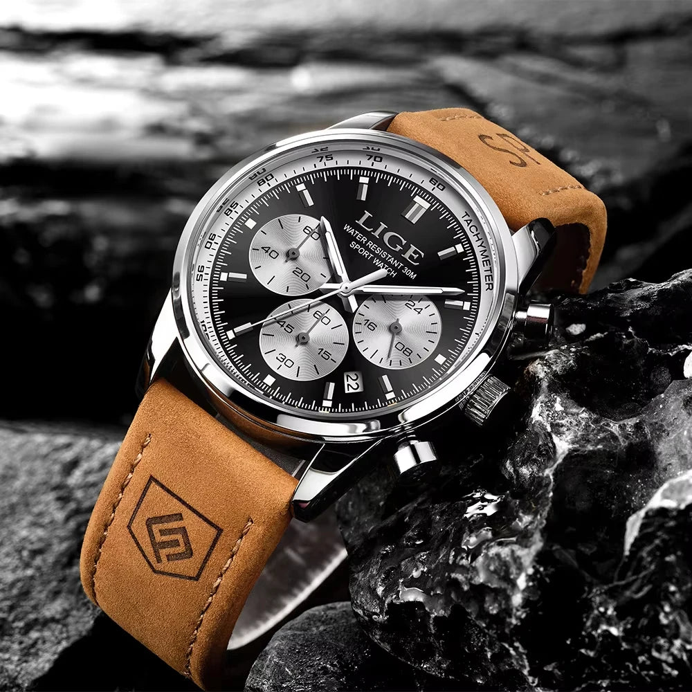 LIGE Men's Business Quartz Watch — Genuine Leather Chronograph Wristwatch