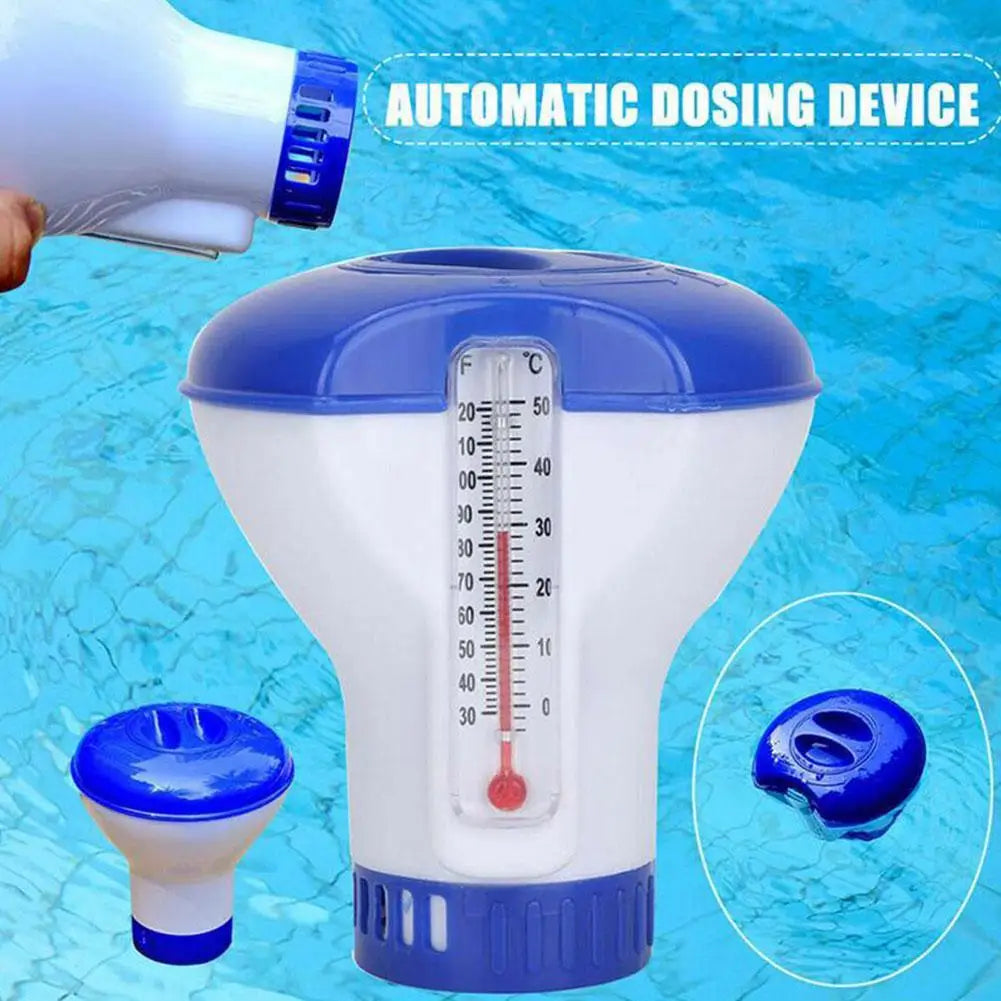 Floating Pool Chlorine Dispenser — Adjustable Flow with Built-in Thermometer