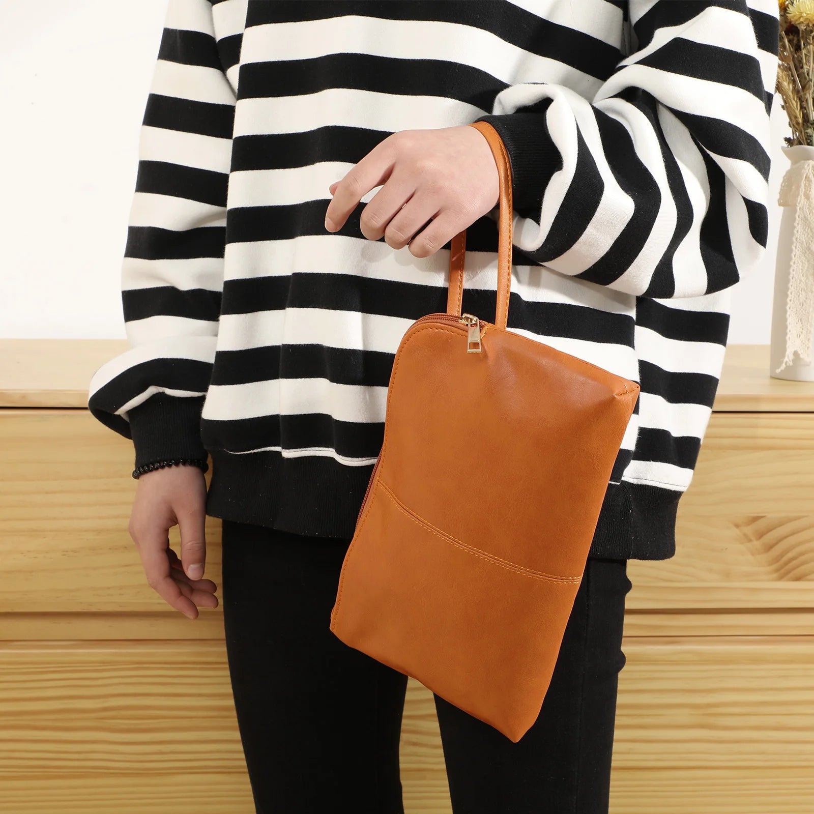DANCURKEY Vegan Leather Wristlet Clutch — Elegant Evening Bag with Round Handle