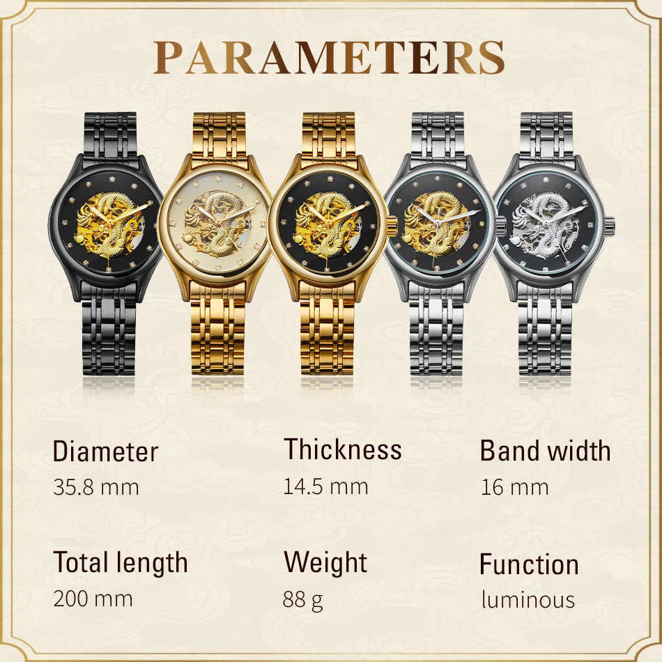 T-WINNER Luxury Dragon Skeleton Watch — Automatic Mechanical Women's Timepiece