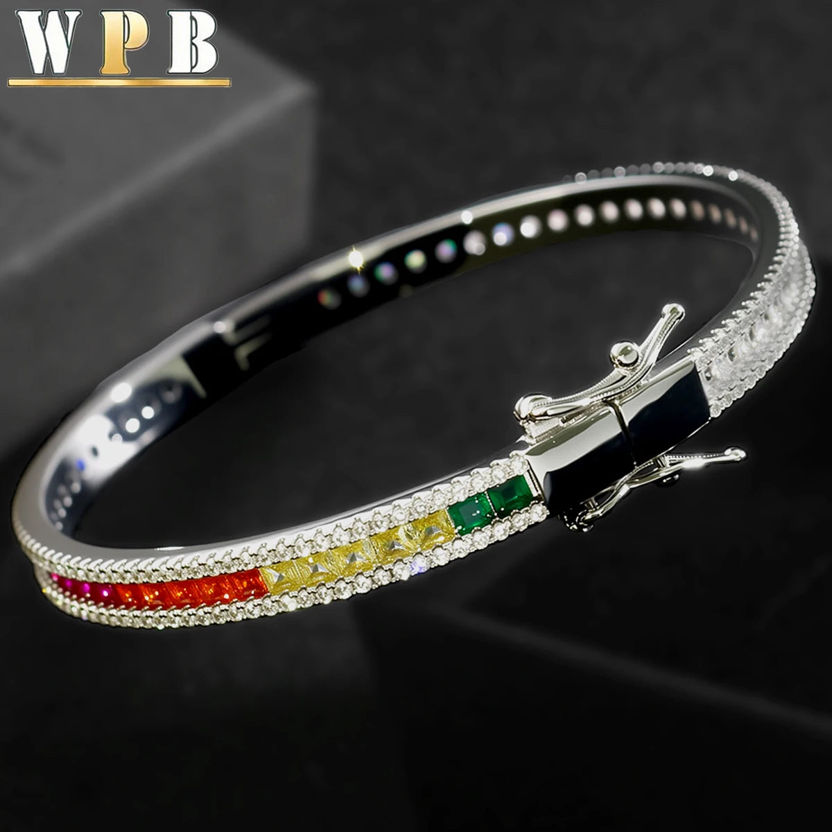 WPB Luxury Zircon Bangle — Colorful Rainbow Design Platinum-Plated Bracelet