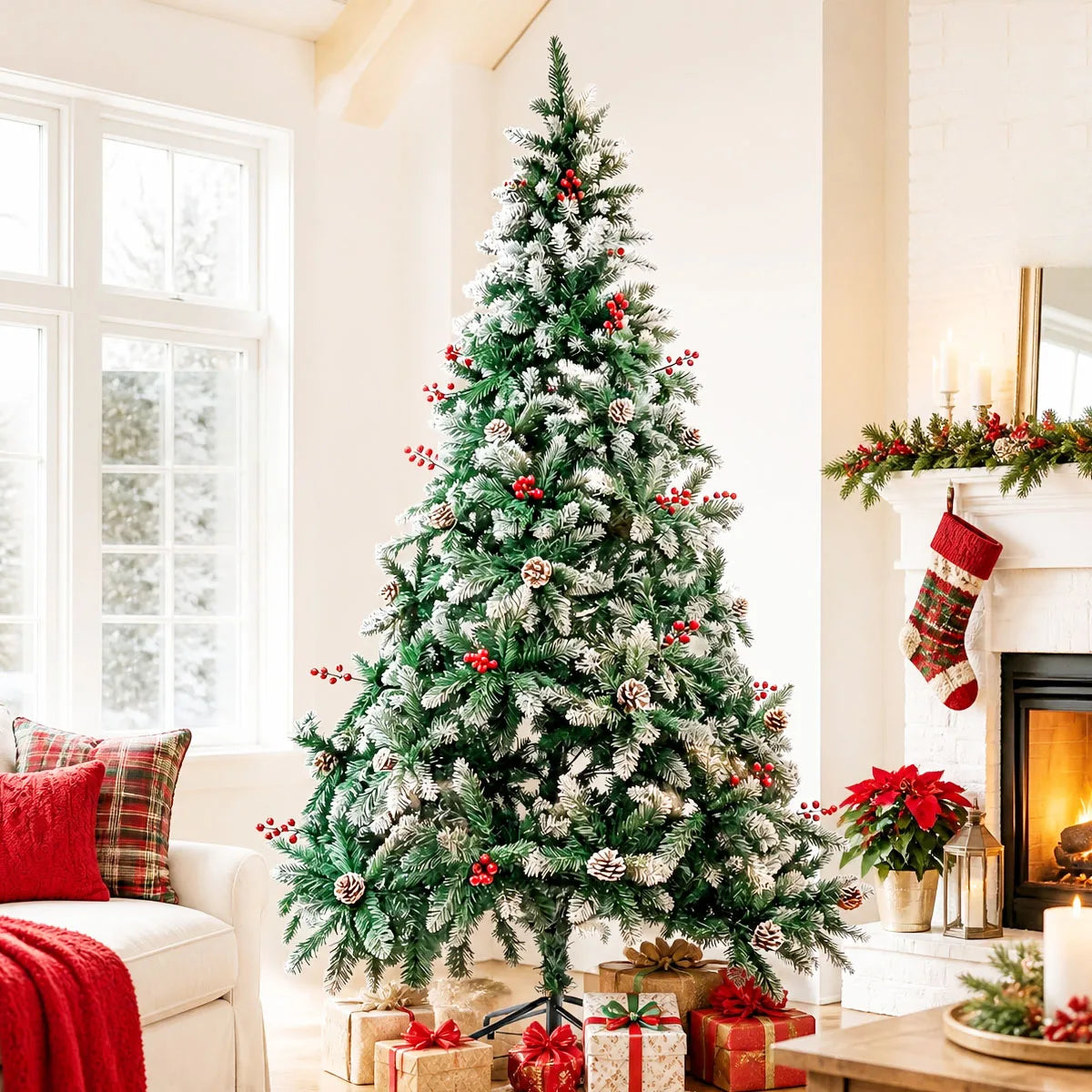 Snow Flocked Artificial Christmas Tree — Realistic Pine Cones & Red Berries