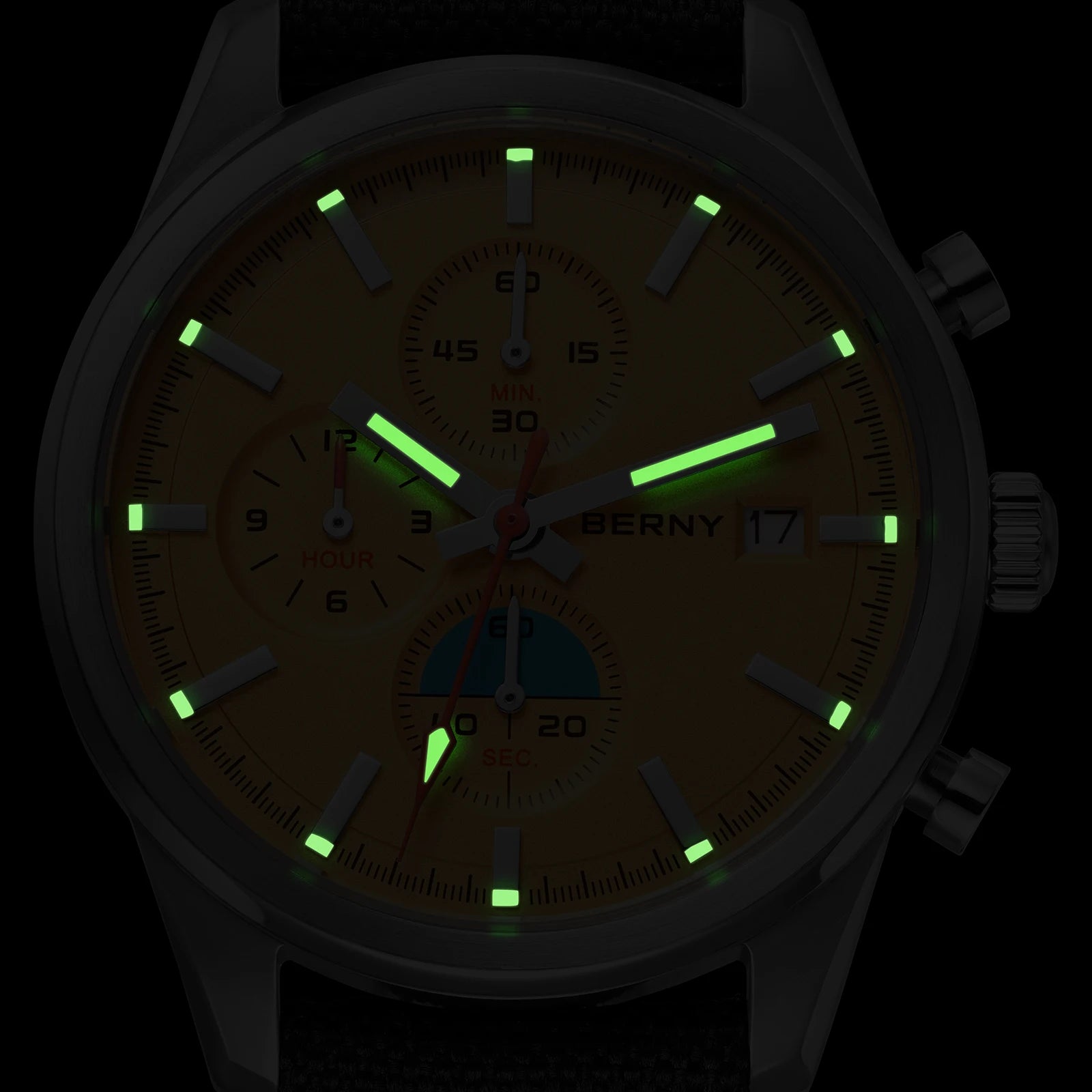 BERNY Chronograph Quartz Men's Watch — Luminous Sport Design with Sapphire Crystal