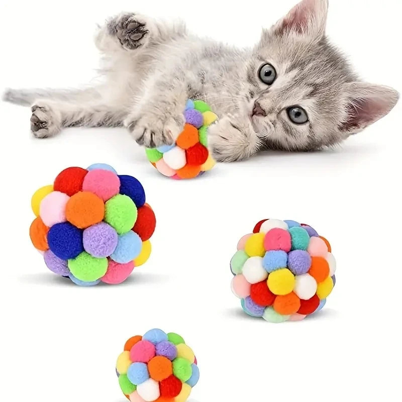 Colorful Cat Toy Ball Set — Interactive Plush and Bell Toys for Pets