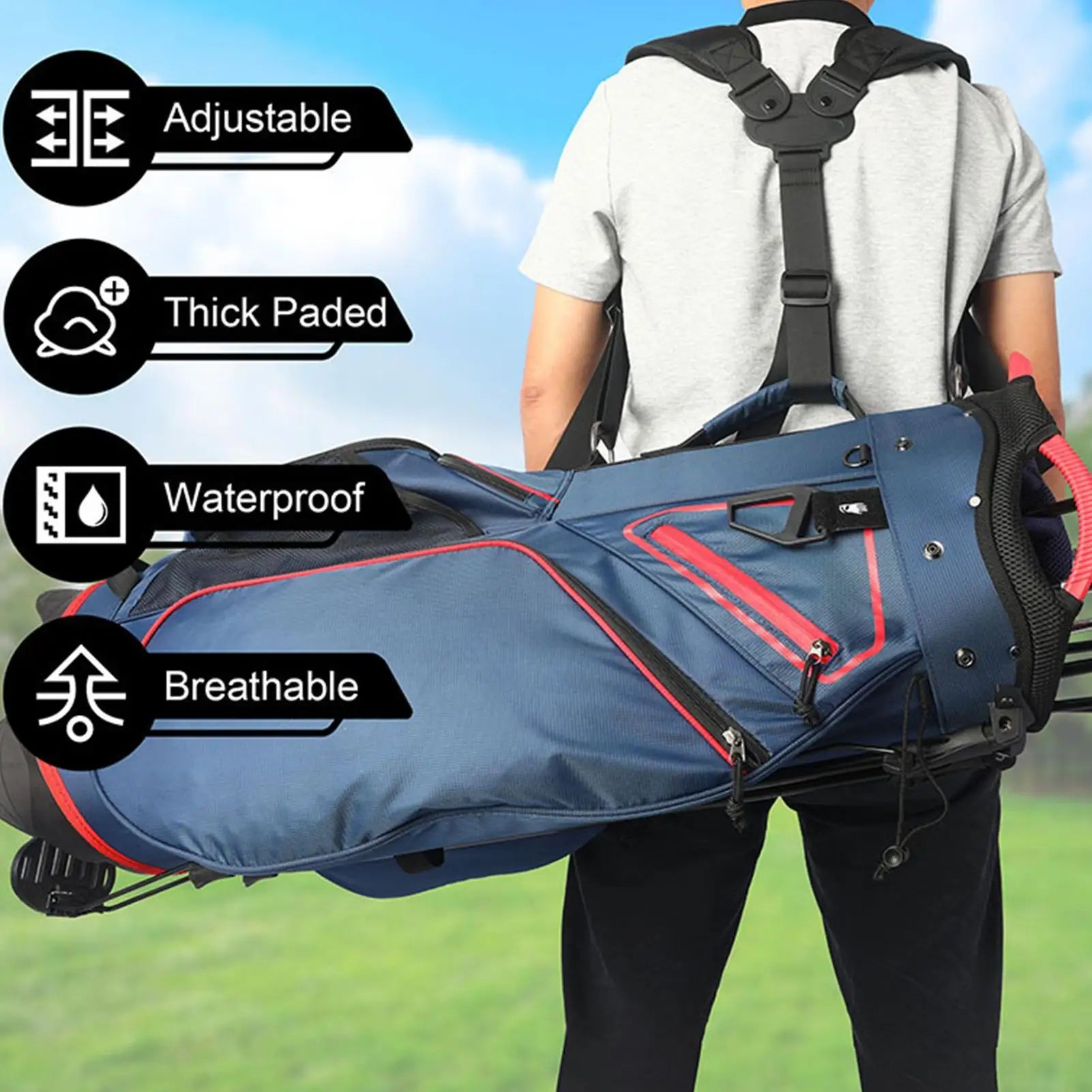 Adjustable Double Shoulder Golf Bag Strap — Padded Nylon Replacement