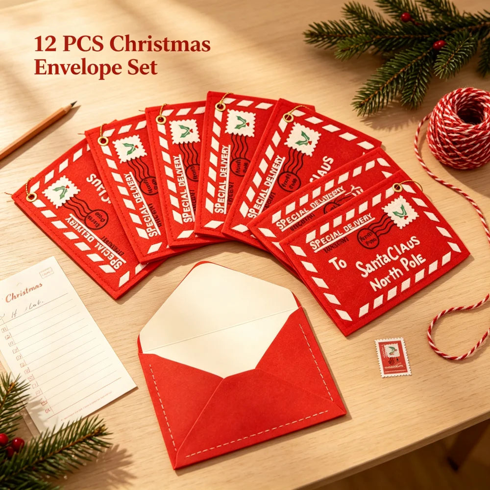 Santa Claus Embroidered Felt Envelopes — 12-Piece Christmas Ornament Set